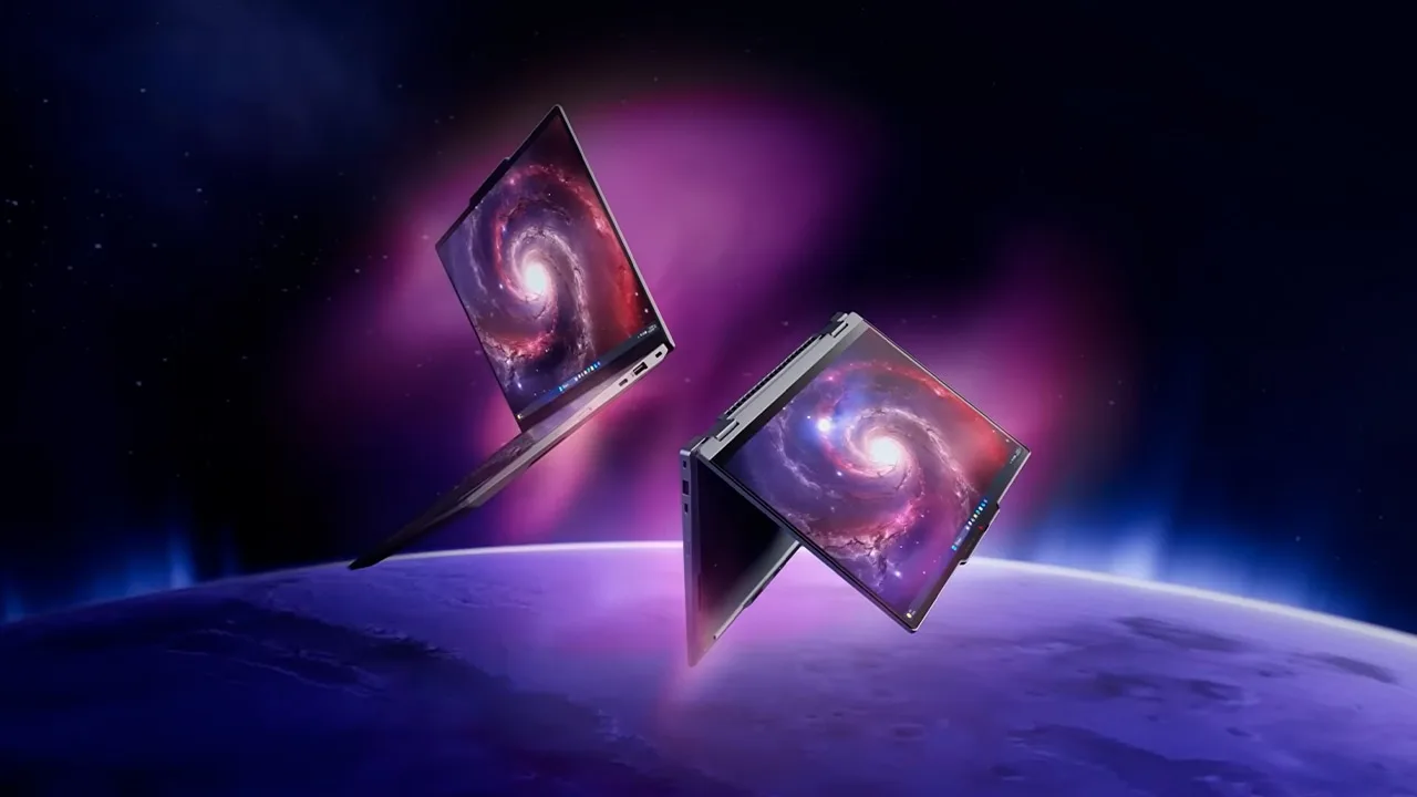ThinkPad laptops floating against a violet nebula
